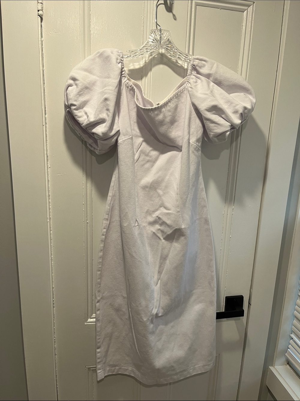 Super Cute Denim off Shoulder Dress. This is a white dress with tinge of gray.